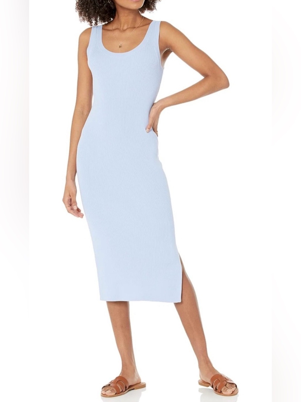 The Drop Light Blue Ribbed Knit Side Slit Midi Tank Dress NWT Women's XL